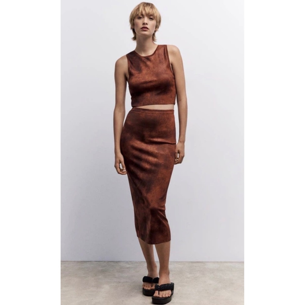Zara Womens Rust Brown Acid Wash Knit Midi Skirt High Waist Small - Picture 2 of 6